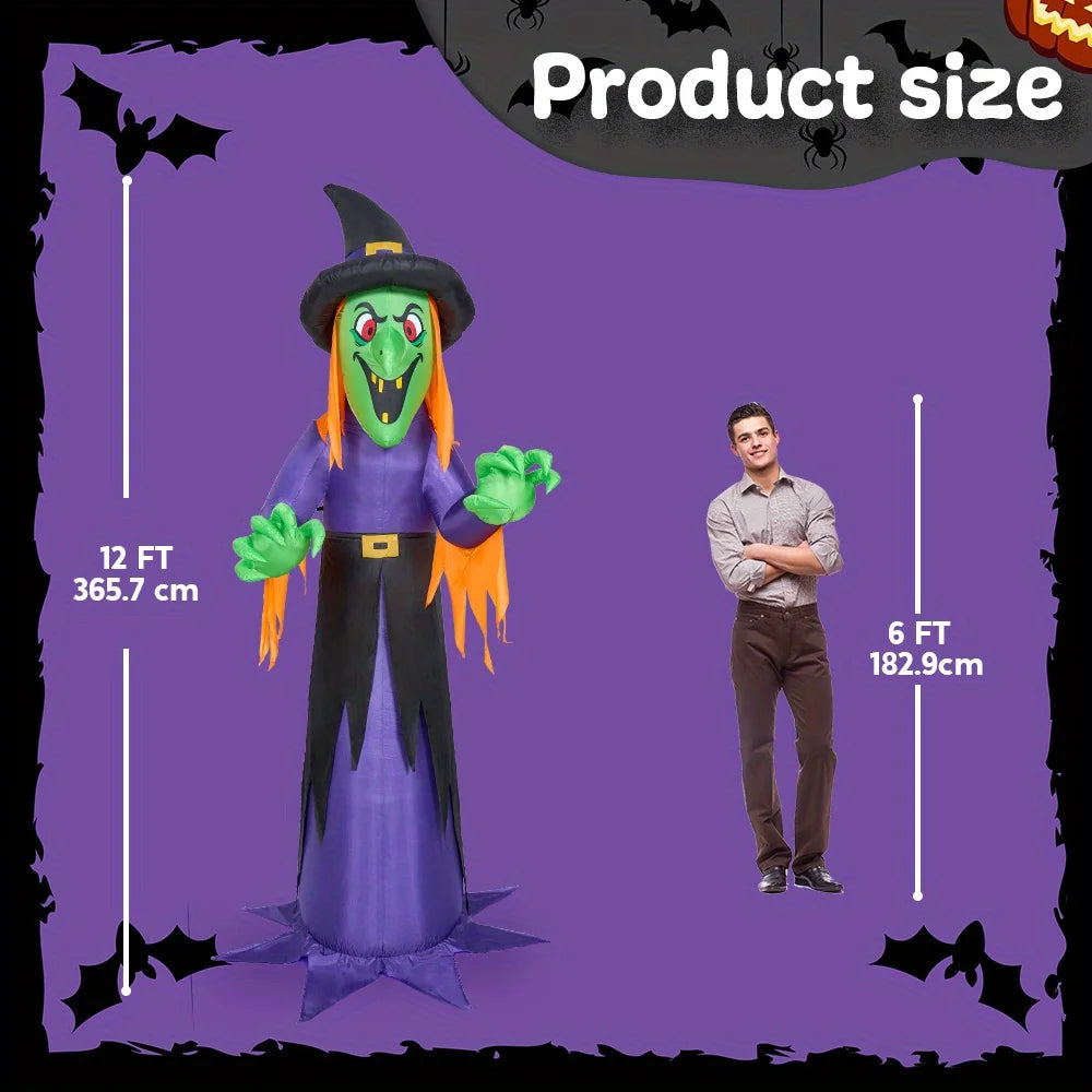 12' Tall Witch Halloween Inflatable Outdoor Decorations with Built-in LED Lights