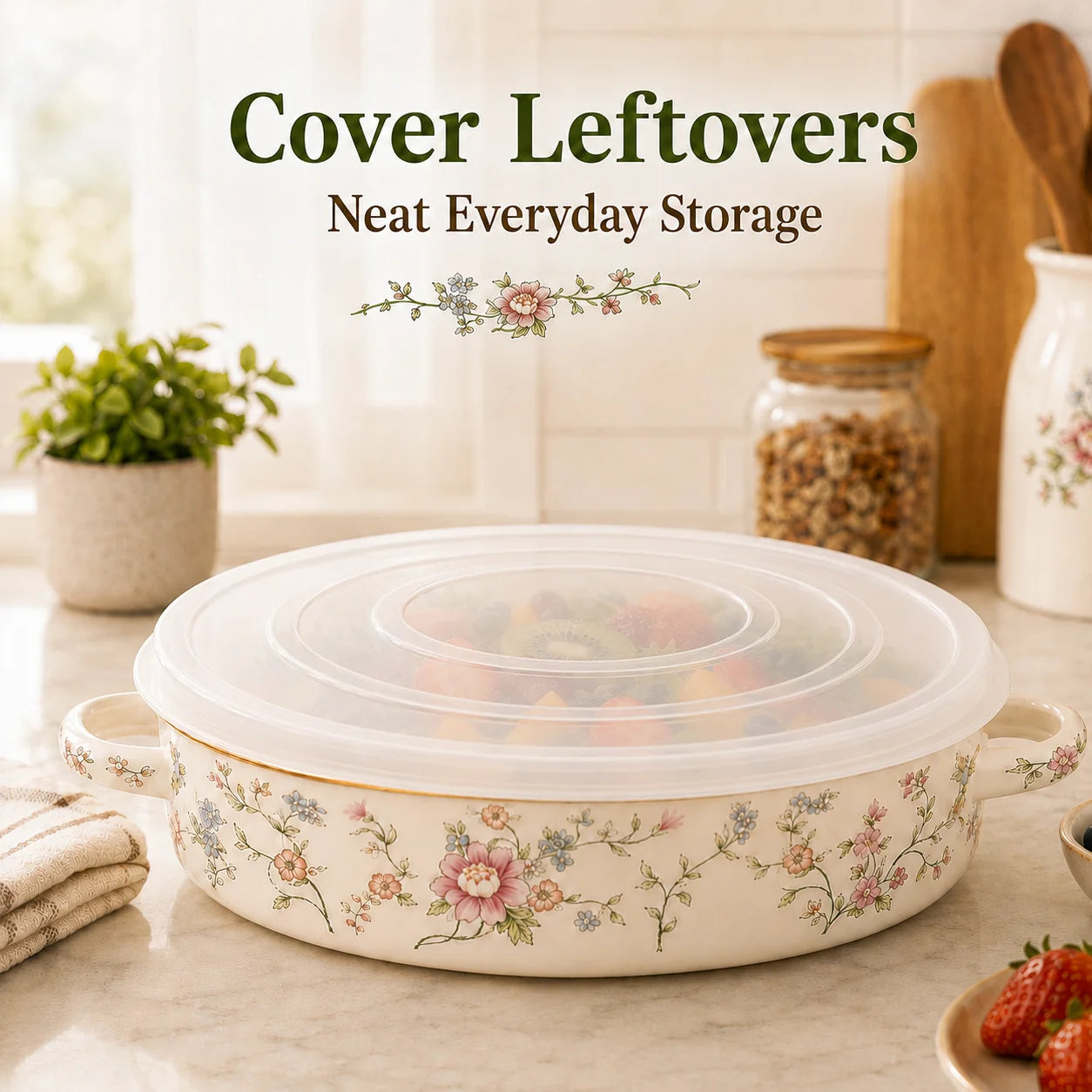 11 Inch Enamel Pie Pan Vintage Floral Non-Stick Baking Dish w/Lid
