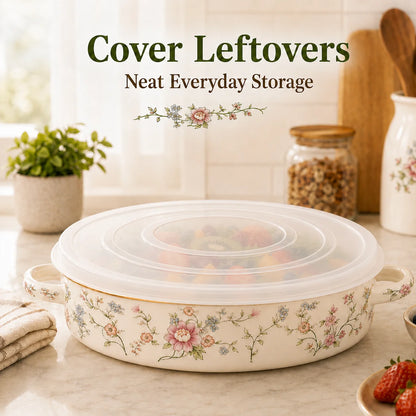 11 Inch Enamel Pie Pan Vintage Floral Non-Stick Baking Dish w/Lid