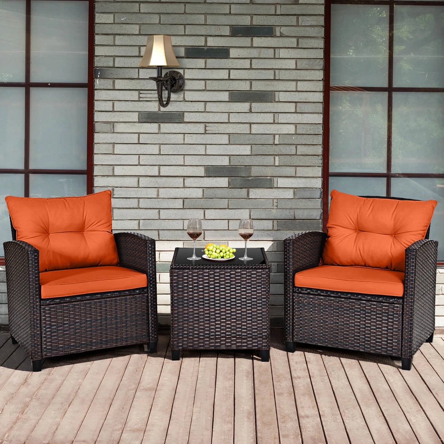 3pc Patio Rattan Patio Furniture, Cushions, Orange
