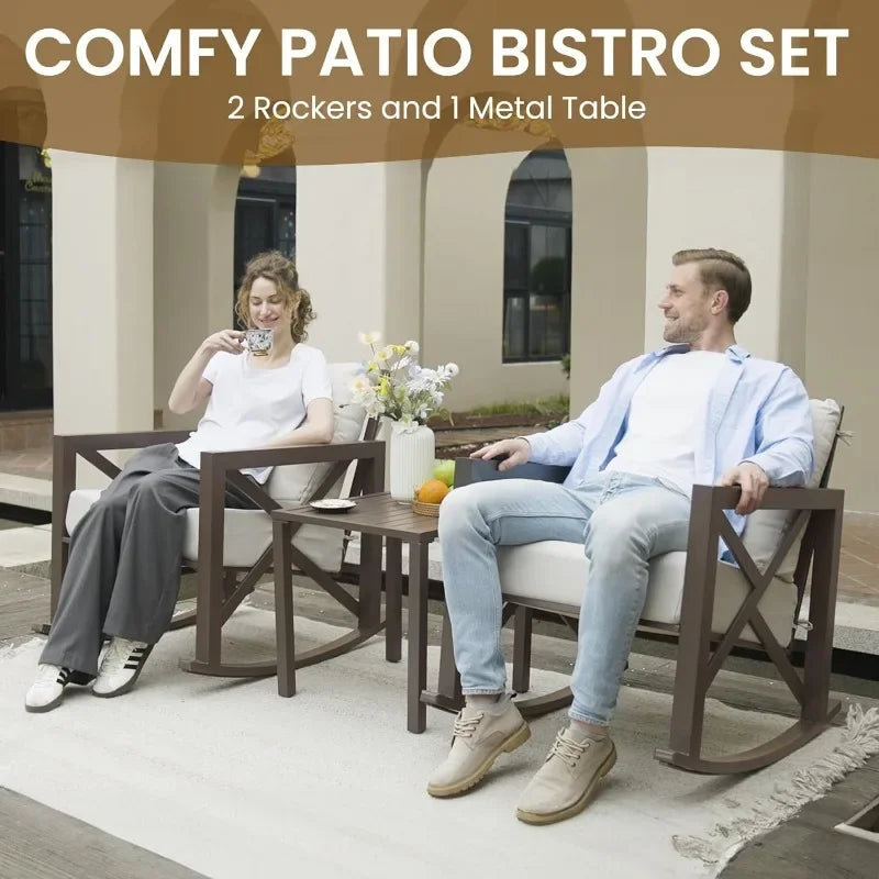 2 Outdoor Rocking Chair Set w/Table and 6.5" Water-Resistant Cushions