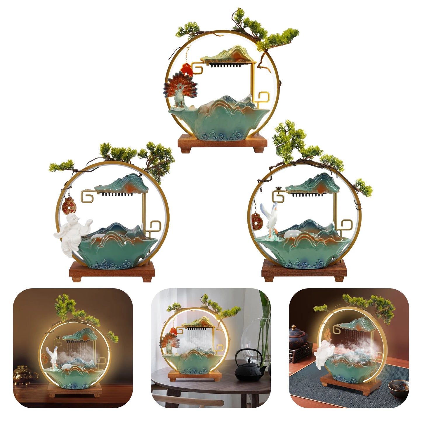 Tabletop Ceramics Water Fountain w/ LED Light, Atomizer