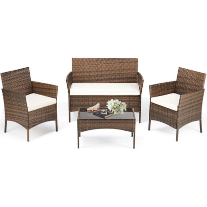 4pc Outdoor Wicker Furniture Set w/Soft Cushion and Glass Table