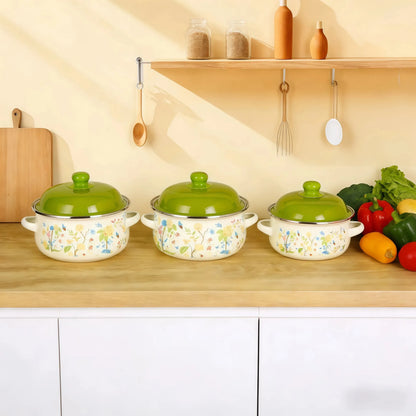 Retro 3pc Flat Bottom Vintage Enamel Stock Pot Set w/Lid, 34oz/51oz/68oz