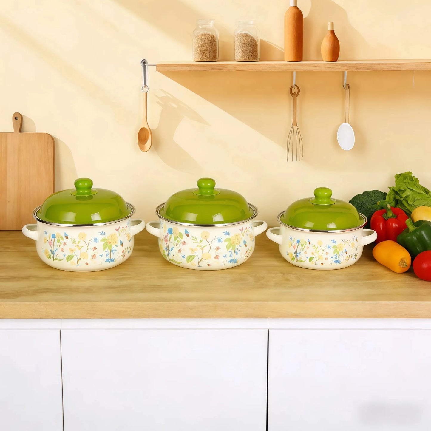 Retro 3pc Flat Bottom Vintage Enamel Stock Pot Set w/Lid, 34oz/51oz/68oz