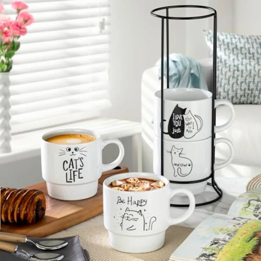 Stackable Coffee Mug Tower Set w/Metal Wire Rack