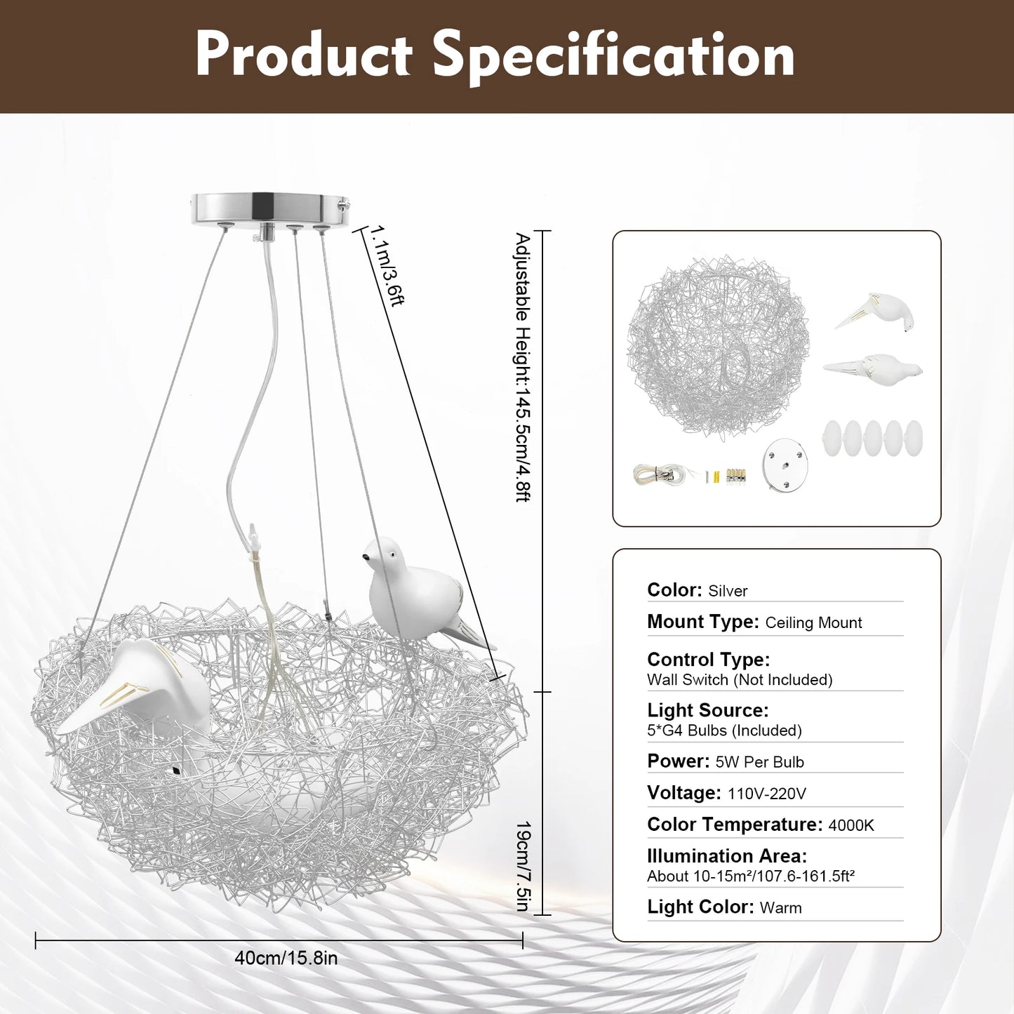 Modern Bird Nest Chandelier, LED 25W, Aluminum Silver