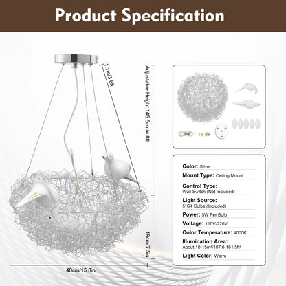 Modern Bird Nest Chandelier, LED 25W, Aluminum Silver
