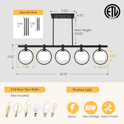 Modern 5-Light Adjustable Chandelier with Glass Shades