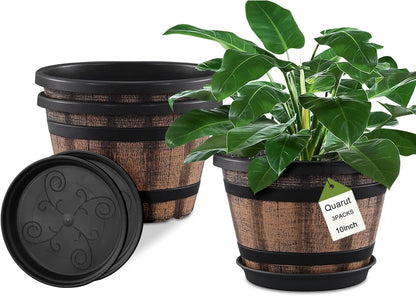 3pk, 10' Whiskey Barrel Planters w/Drainage Holes and Saucers,