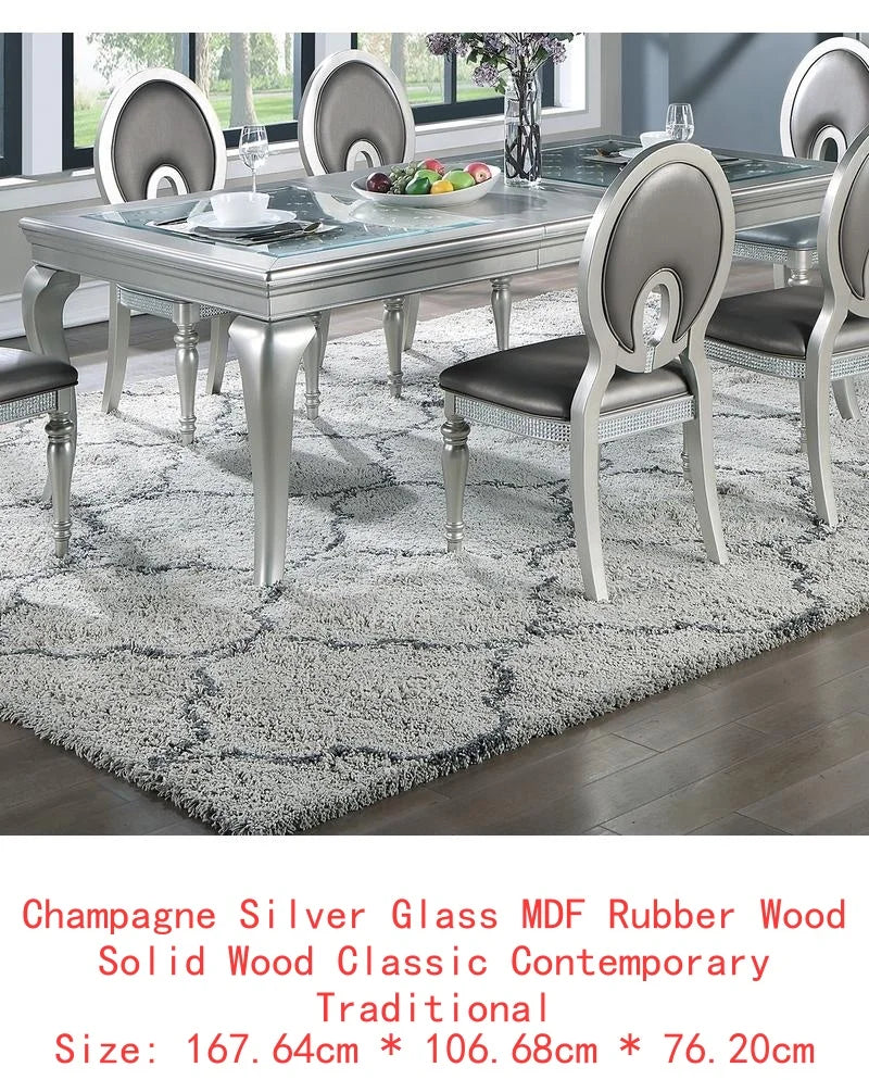 7pc Rect. Glass Dining Table, Silver Hue, 6 Tufted Side Chairs