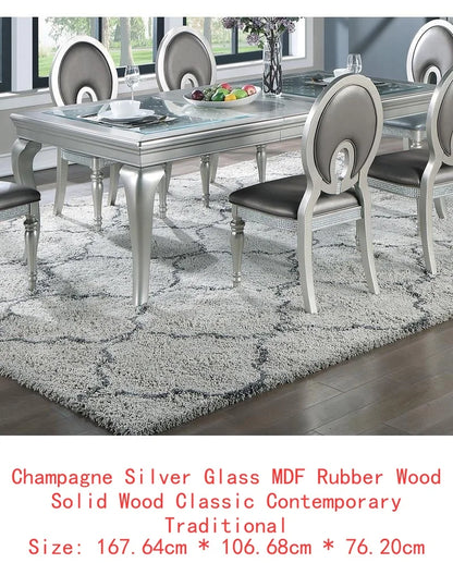 7pc Rect. Glass Dining Table, Silver Hue, 6 Tufted Side Chairs
