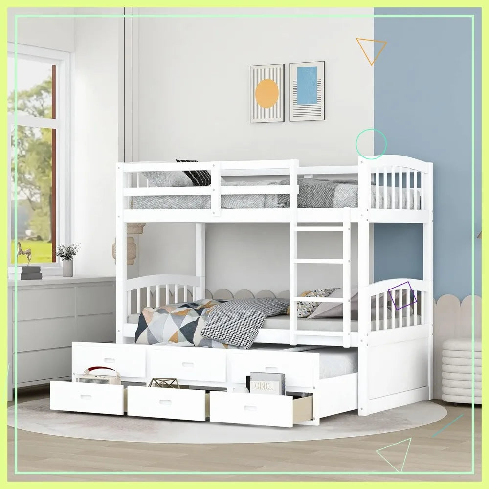 Twin Over Twin Bunk Bed with Trundle, 3 Drawers, Safety Rail, Ladder - Convertible to 3 Beds, White