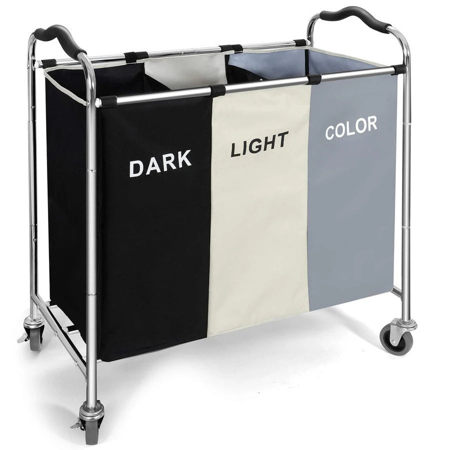 3 Section Laundry Bag Rack w/Wheels for Dirty Clothes