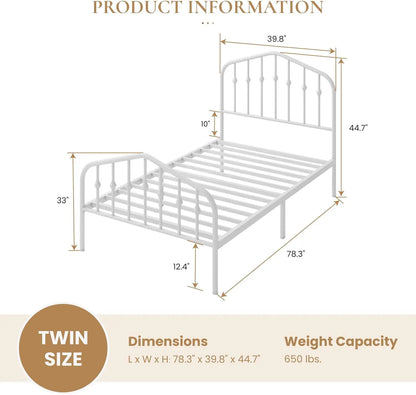 Wrought Iron, Victorian, Twin Size Metal Platform Bed Frame