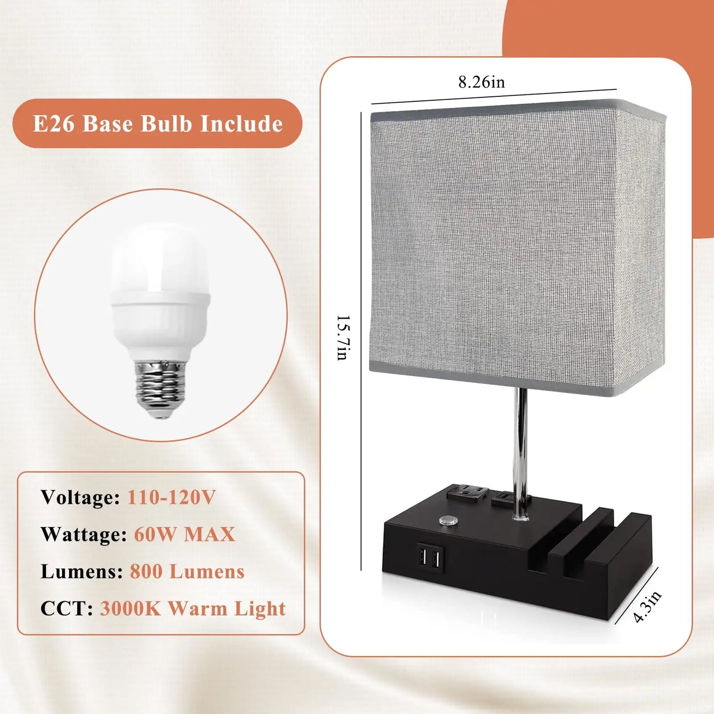 15.7" Bedside Dimmable Lamp, Dual USB Charging Ports