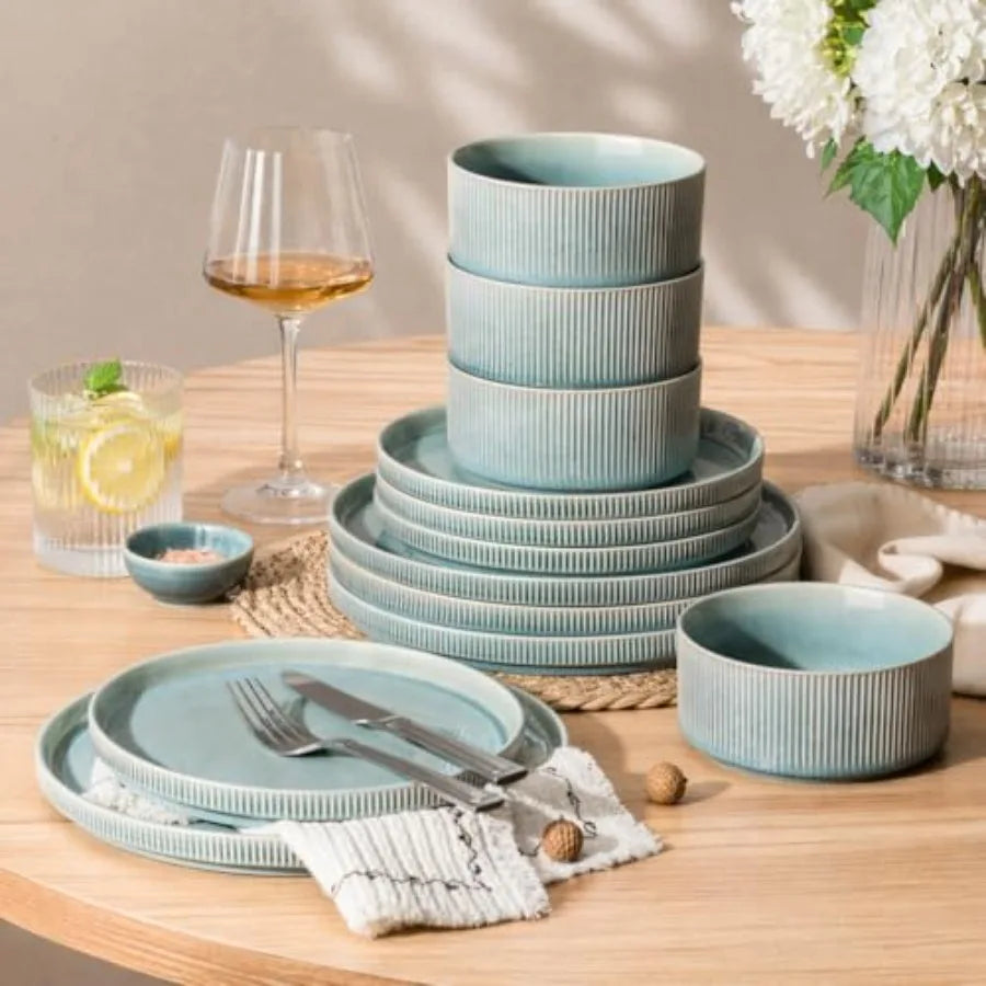 12pc Scratch-Resistant, Stoneware Set (4), Ribbed Ceramic Plates and Bowls