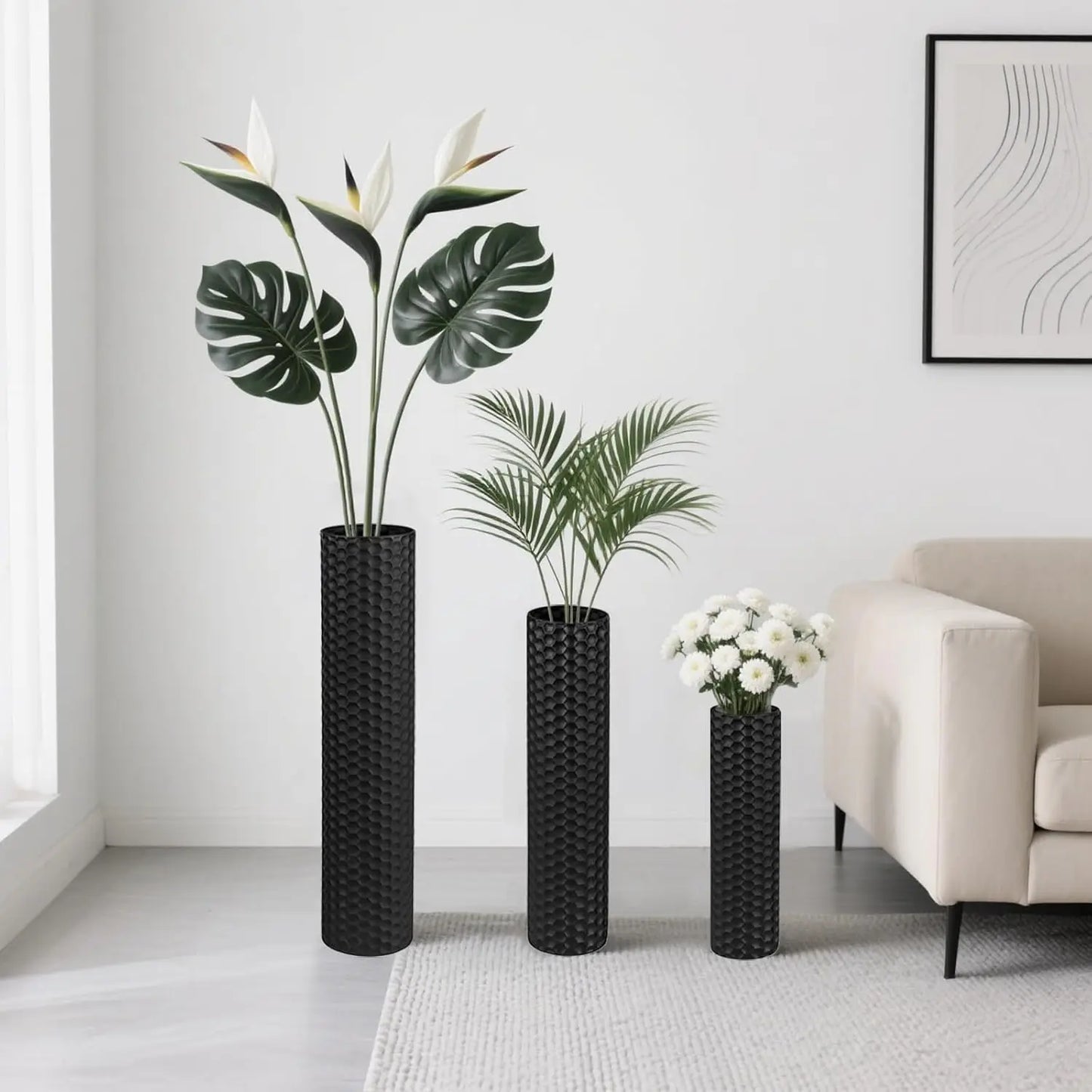 Set (3) Extra Large Black Tall Metal Decorative Vases, 27.6"