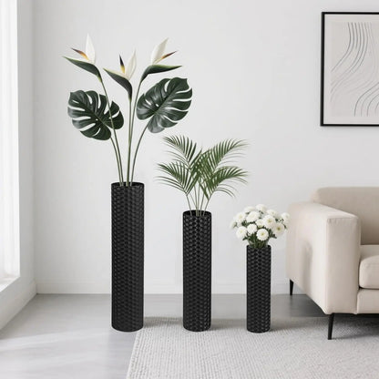 Set (3) Extra Large Black Tall Metal Decorative Vases, 27.6"