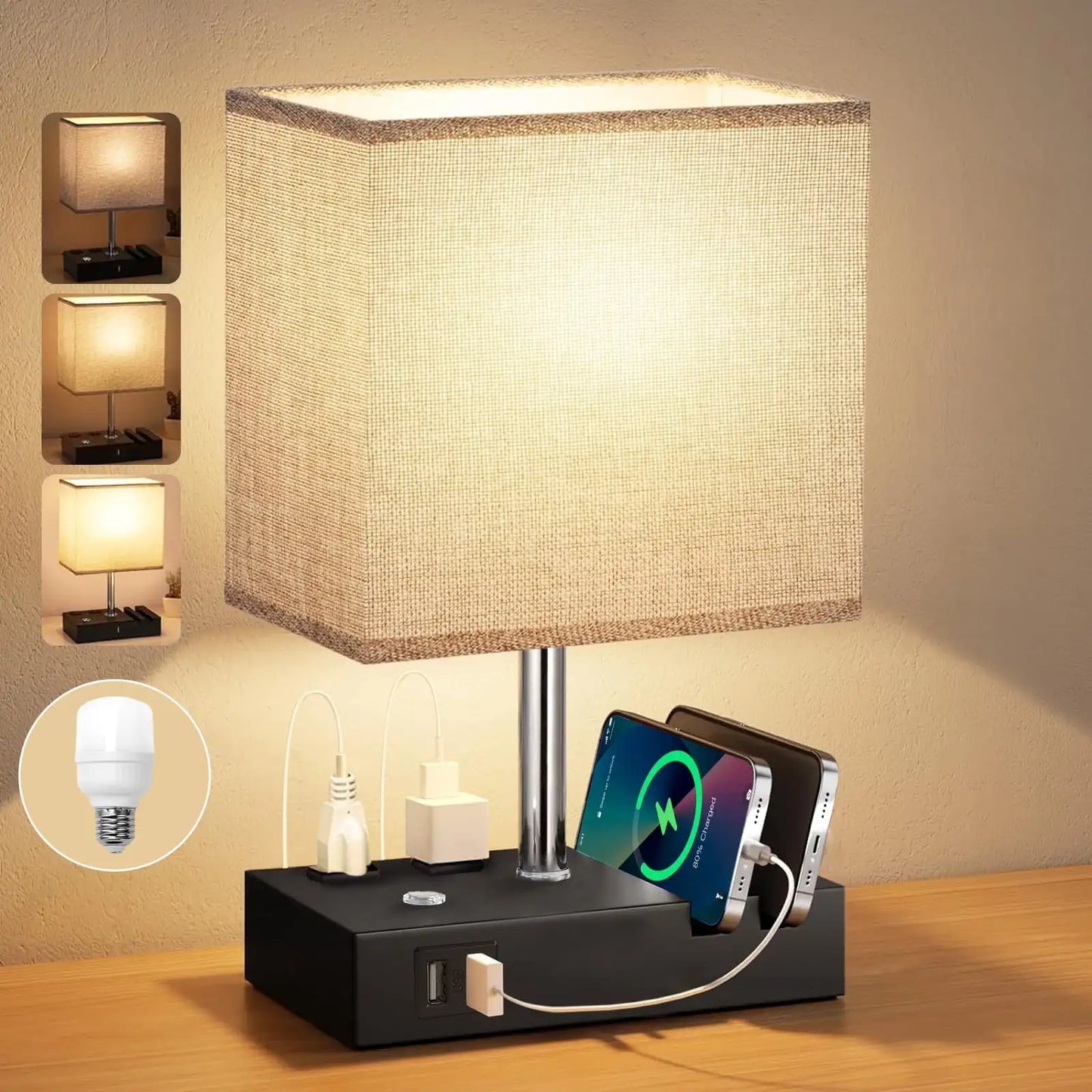 15.7" Bedside Dimmable Lamp, Dual USB Charging Ports