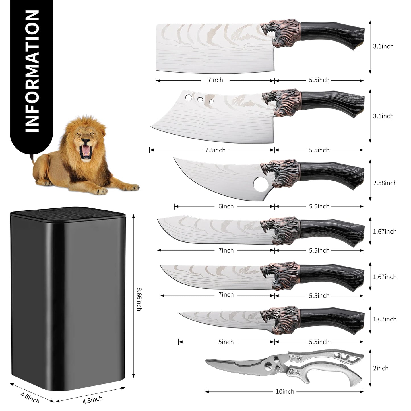 Stainless Steel Kitchen Knife Set, w/Block, Non-Slip Ergonomic Handle