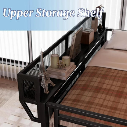 Full Size Metal Loft Bed with Stairs, Storage Shelves