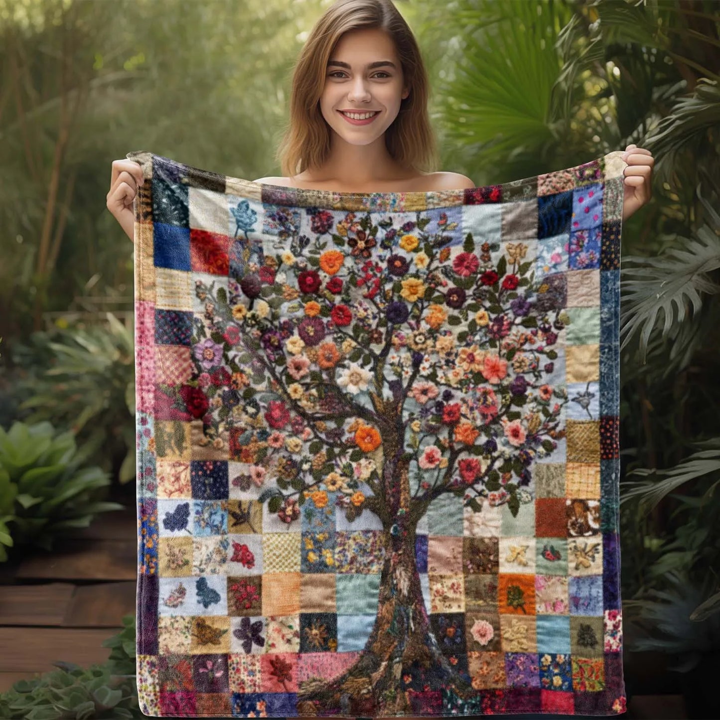 Cozy Colorful Floral Tree Patchwork Flannel Quilt - Soft