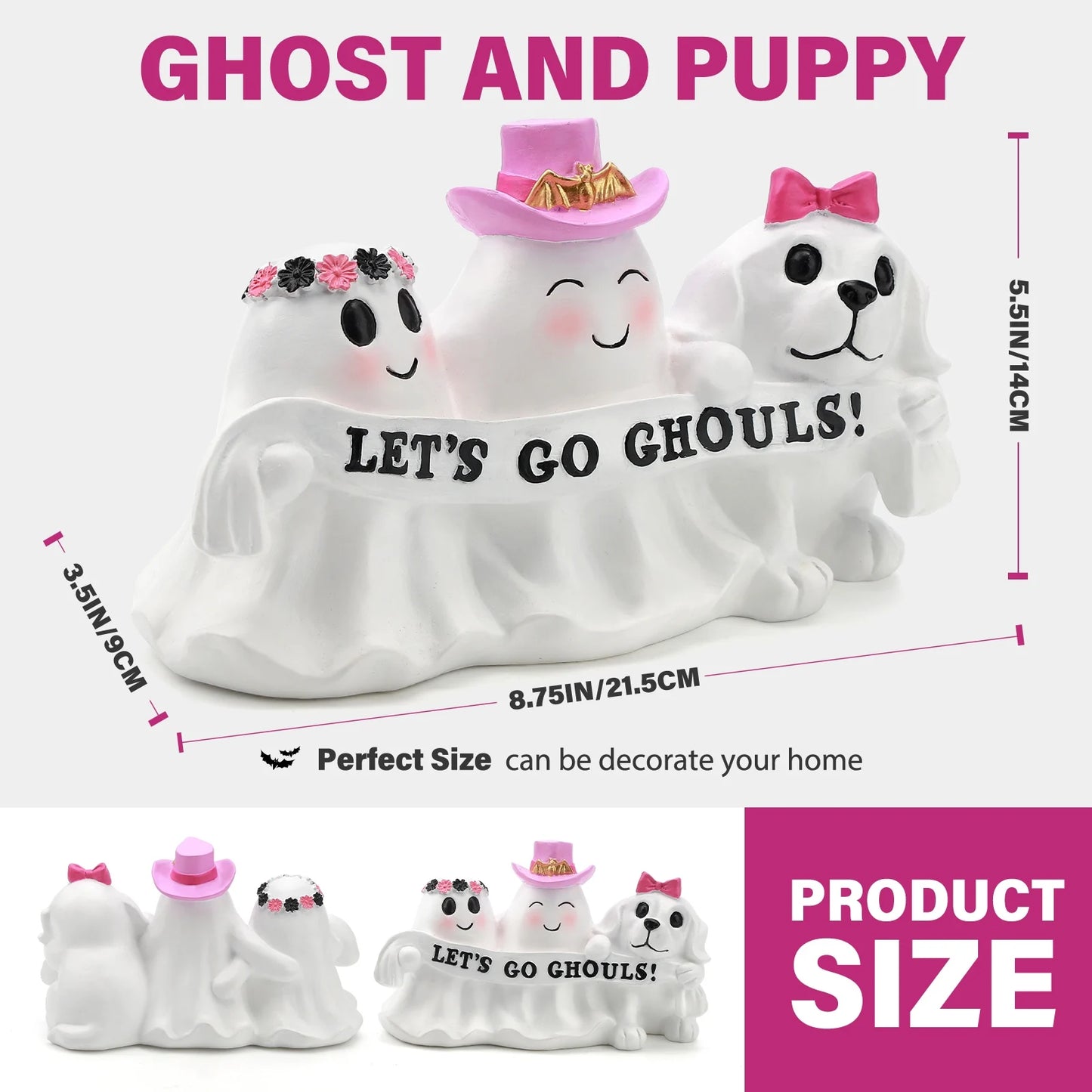Pink Bow Spooky Ghost Puppy Group Figurine, Ornament