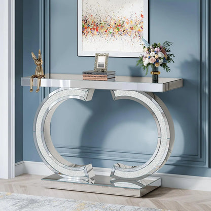 Mirrored Console Table with O-Shaped Base, Rectangle Accent Table