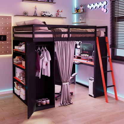 Full Wood Gaming Loft, Bed, Desk, Storage Shelves, LED, Charging