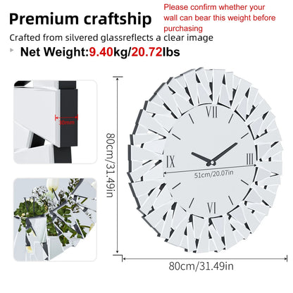 Large Wall Clock, Round Beveled Glass Edge Mirrored, Silent