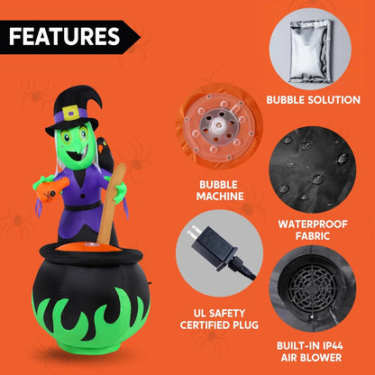 6' Halloween Outdoor Witch Inflatables Cauldron with Bubbling Potion and Light