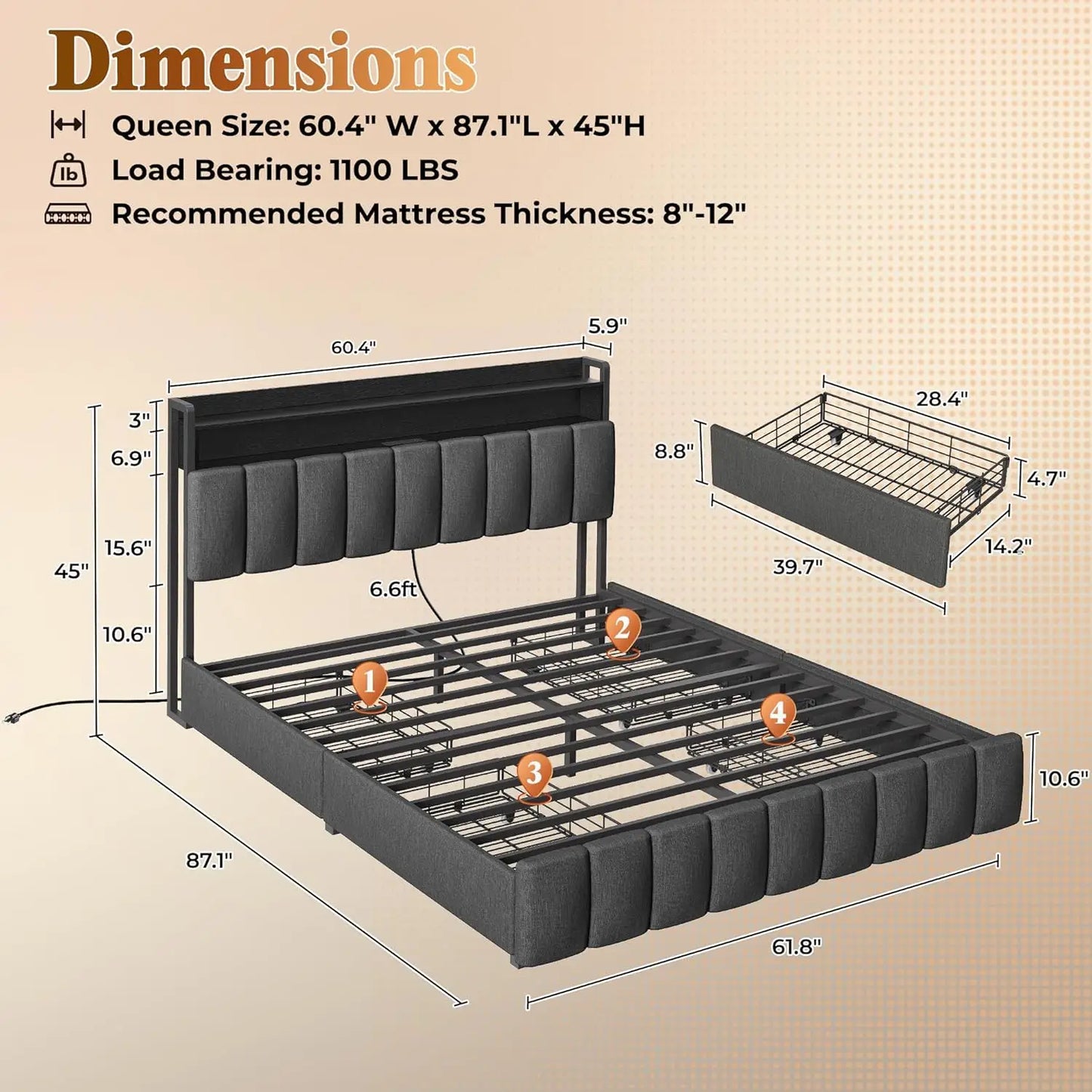 Queen Bed Frame, Upholstered Headboard, 4 Drawers, Charging Station,