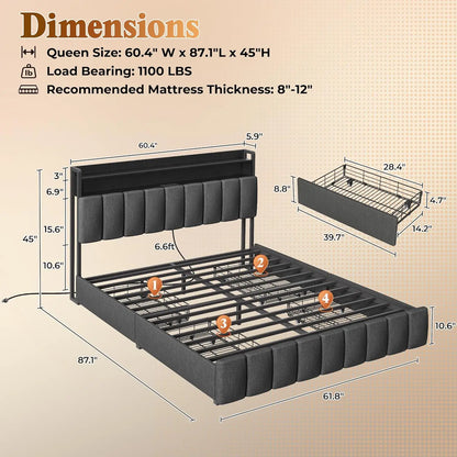 Queen Bed Frame, Upholstered Headboard, 4 Drawers, Charging Station,