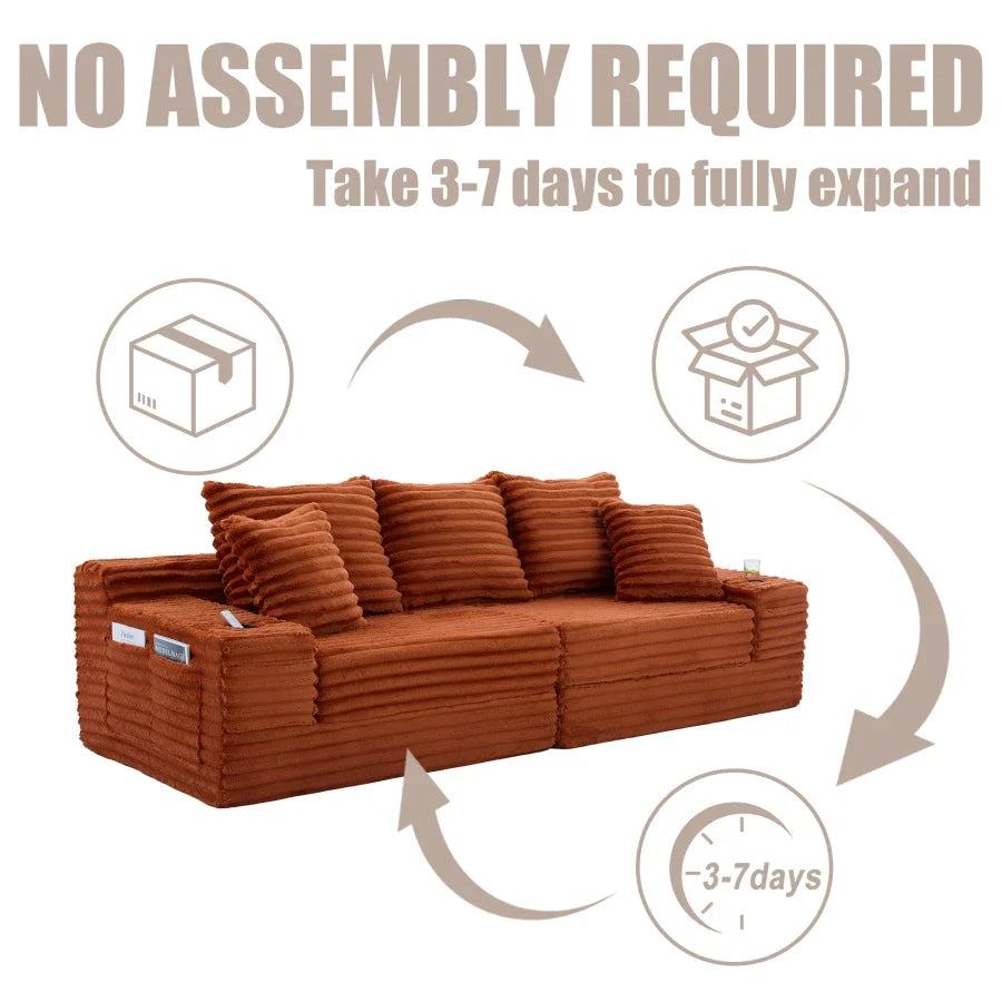 Oversized Boneless Four Seat Sofa w/ 3 Pillows, Cup Holder and Side Pockets
