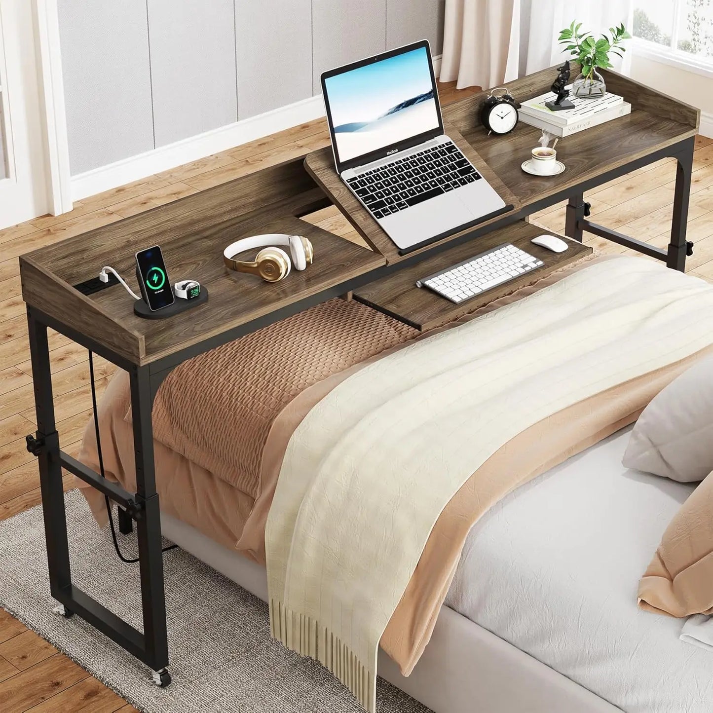 Adjustable Overbed Table with Wheels, Queen Size Over Bed Desk