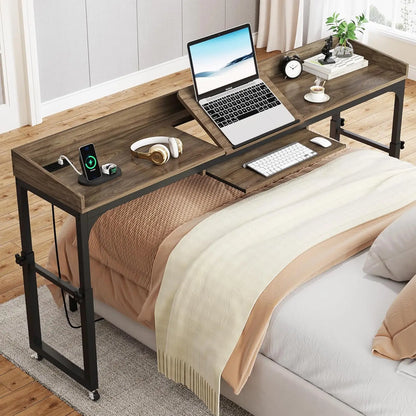Adjustable Overbed Table with Wheels, Queen Size Over Bed Desk