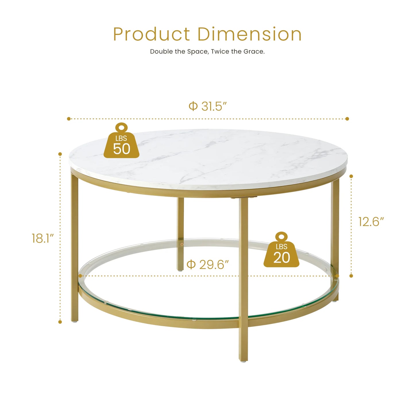 31" Modern Marble Round Coffee Table, 2-Tier