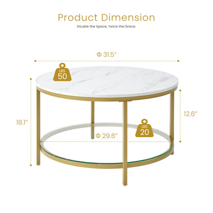 31" Modern Marble Round Coffee Table, 2-Tier