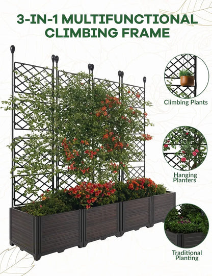 Raised Garden Plant Box with Metal Trellis,