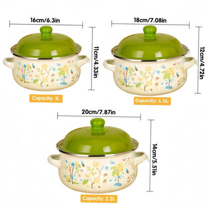 Retro 3pc Flat Bottom Vintage Enamel Stock Pot Set w/Lid, 34oz/51oz/68oz