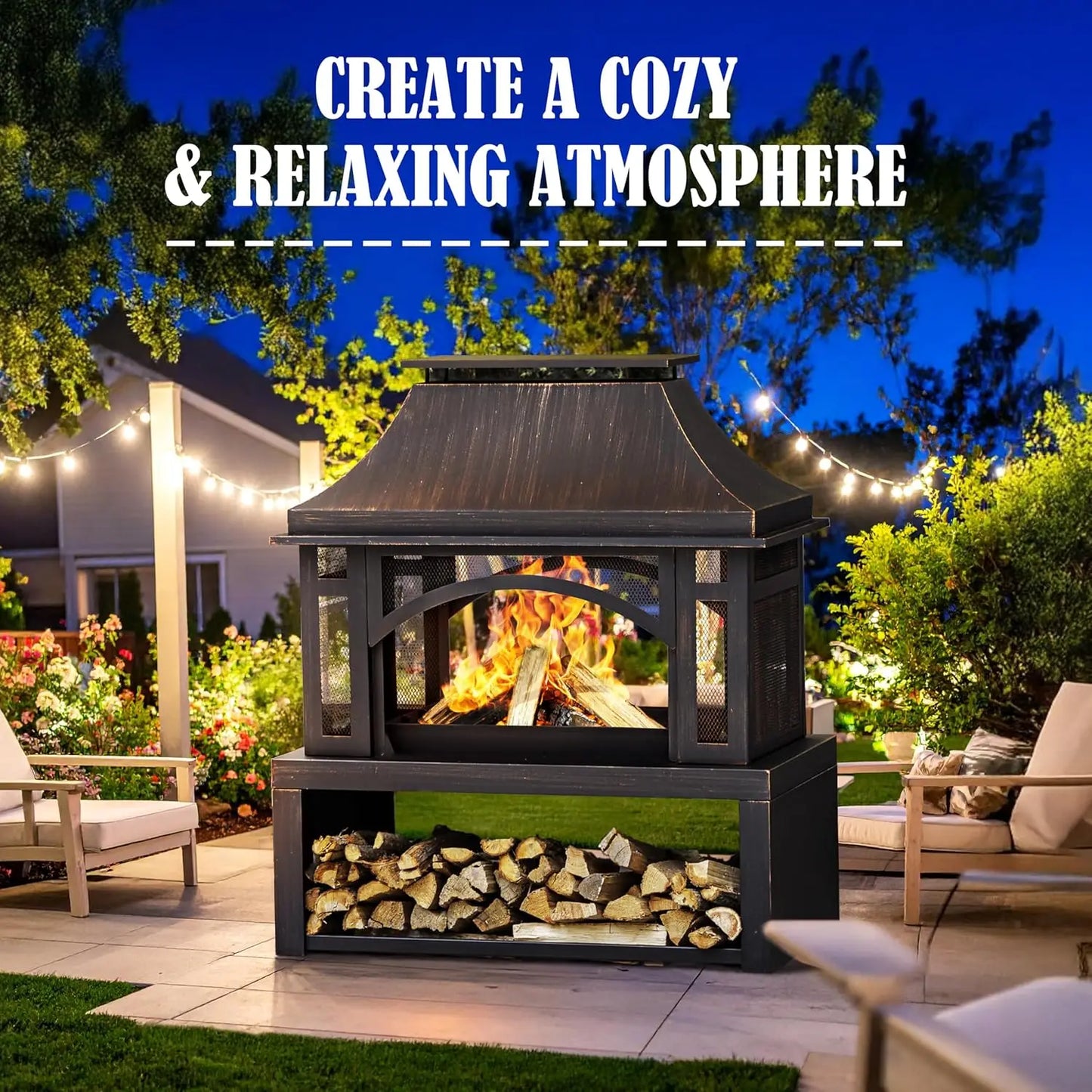 39" Large Wood Burning Outdoor Fireplace w/Chimney, Storage
