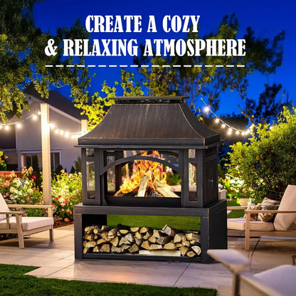 39" Large Wood Burning Outdoor Fireplace w/Chimney, Storage