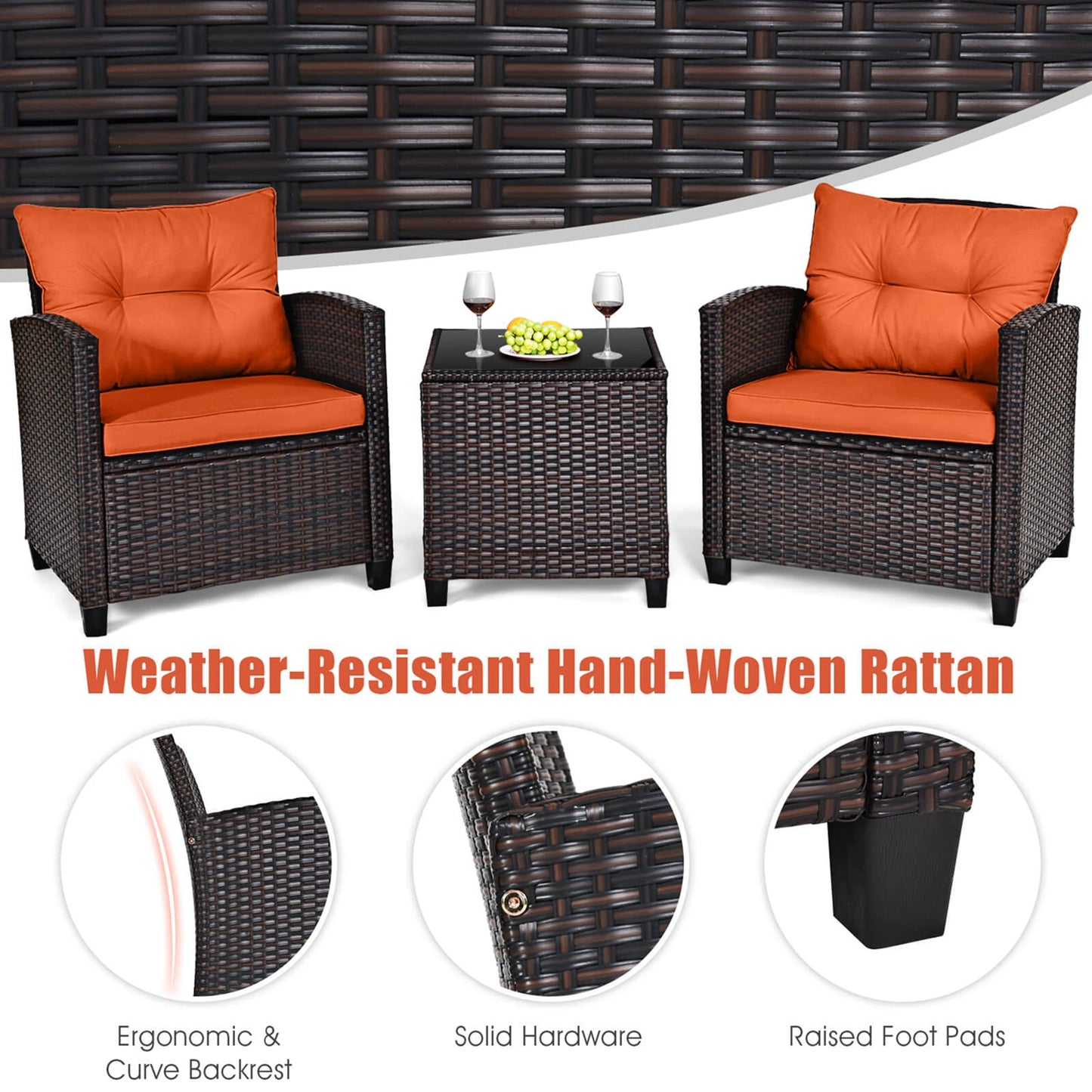 3pc Patio Rattan Patio Furniture, Cushions, Orange