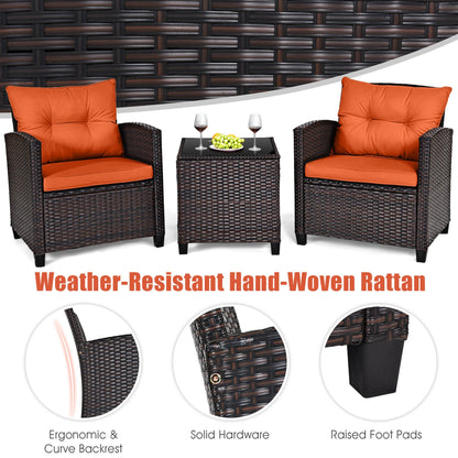 3pc Patio Rattan Patio Furniture, Cushions, Orange