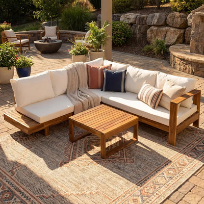 4 pc Acacia Wood Outdoor Sectional Slatted Sofa Set w/Cushions