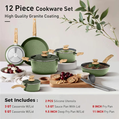 12pc Nonstick Granite Induction Cookware Set, PFOA & PFOS Free