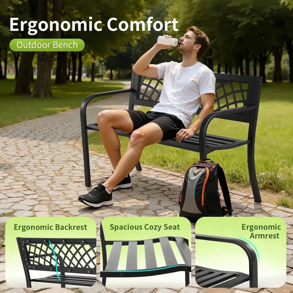Black Steel Patio Bench w/Mesh and Plastic Backrest