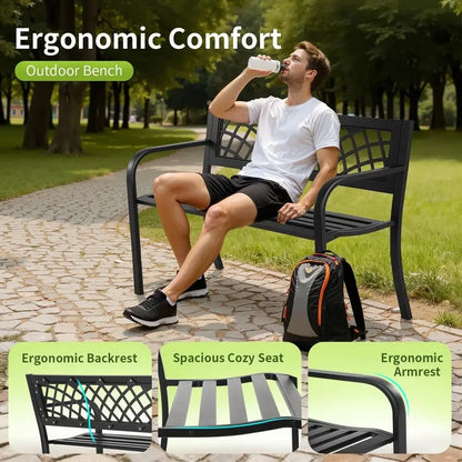 Black Steel Patio Bench w/Mesh and Plastic Backrest