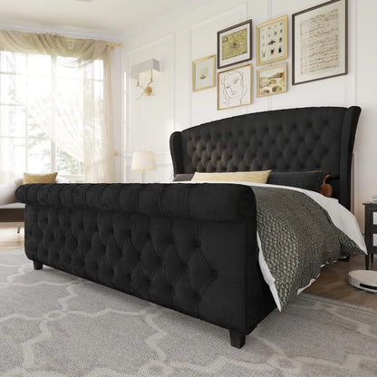 California King Sleigh Platform Bed Frame, Upholstered Headboard & Footboard